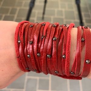 Red Genuine Leather Bracelet. Embellished Red Leather Rocker Style Bracelet
